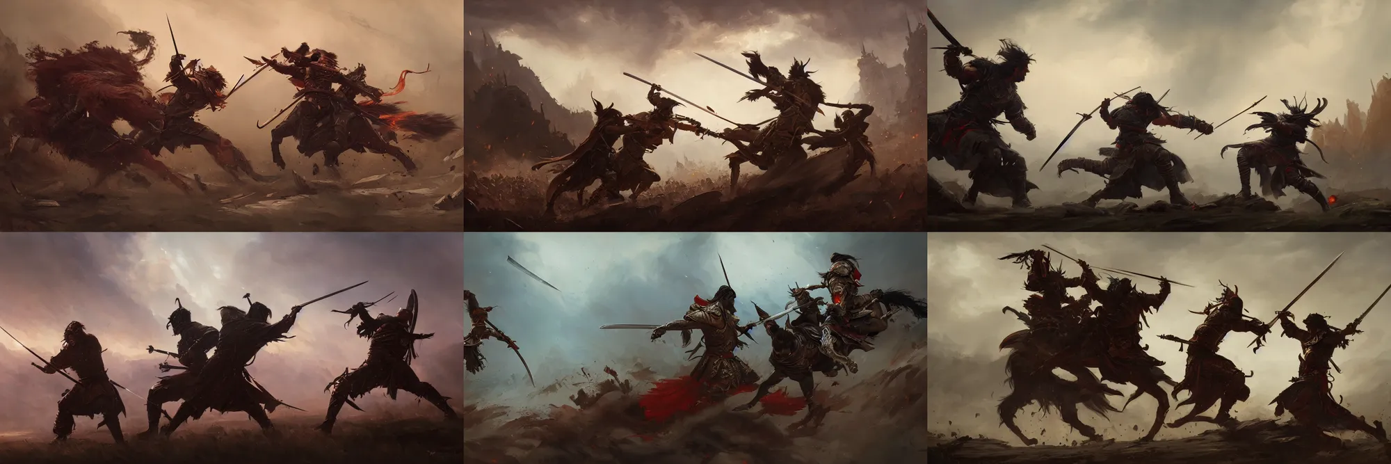 Image similar to A dramatic painting of two warriors duelling on a battlefield, medieval fantasy, concept art, cinematic, hyper detailed, matte painting, Bayard Wu, Greg Rutkowski, Cedric Peyravernay, Anato Finnstark, artstation, 8k