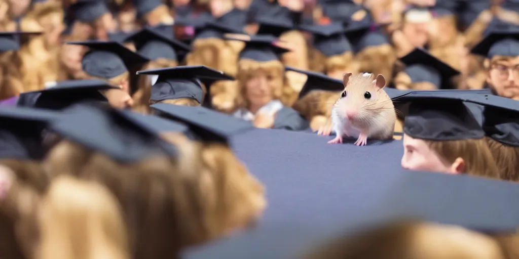 Prompt: An award-winning photo of a hamster in a graduate hat doing a speech from a speech tribune in front of other hamsters in the academy, volumetric lights, university, dirt, dramatic, cinematic, 8K, award winning photo