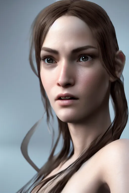 Image similar to fotorealistic 16K render cgsociety of April the female character from videogame The Longest Journey, photorealism, full body, white ambient background, unreal engine 5, hyperrealistic, highly detailed, XF IQ4, 150MP, 50mm, F1.4, ISO 200, 1/160s, natural light, Adobe Lightroom, photolab, Affinity Photo, PhotoDirector 365, realistic