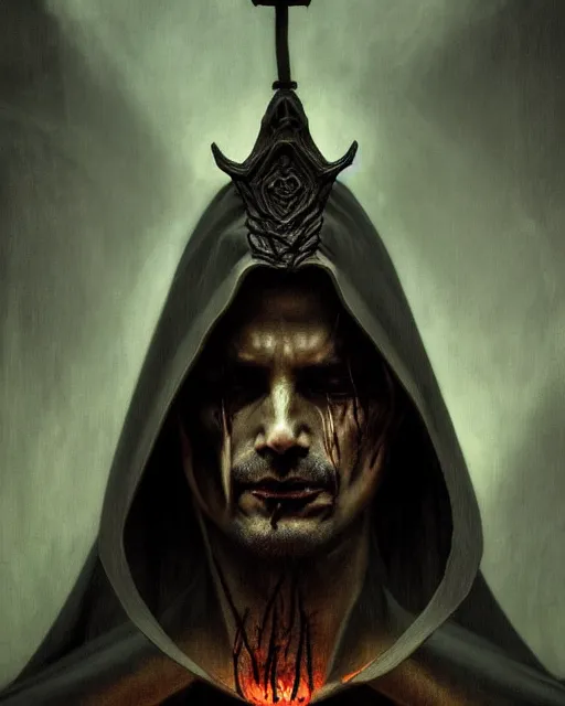 Image similar to portrait of an evil bishop, dark magic, beautiful face, young man, heroic pose, full body, dramatic lighting, dark and horror, dust and blood, intricate, wild, highly detailed, digital painting, artstation, concept art, smooth, sharp focus, illustration, art by artgerm and greg rutkowski and alphonse mucha, footage from space camera