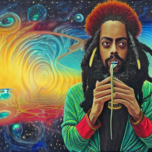 Image similar to a high hyper detailed painting with many complex textures of a damian marley like man making music in the cosmos, cosmic surrealpsychedelic magic realism spiritual ufo art
