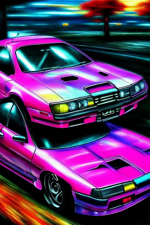 Image similar to realistic detailed image of a jdm car. depth perception, depth of field, action horror by lisa frank, bernard dumaine, ayami, realistic, detailed, highly detailed, hyper detailed, high definition, extremely detailed oil painting, beautiful composition, trending on artstation, award - winning photograph, masterpiece, intricate, portrait, 8 k highly professionally detailed, hdr, cgsociety