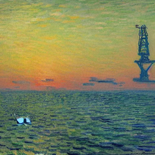 Prompt: in the evening a large, glowing butterfly perches on an oil platform. by monet