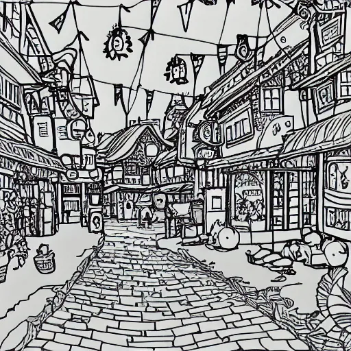 Image similar to an adult coloring page studio ghibli style town