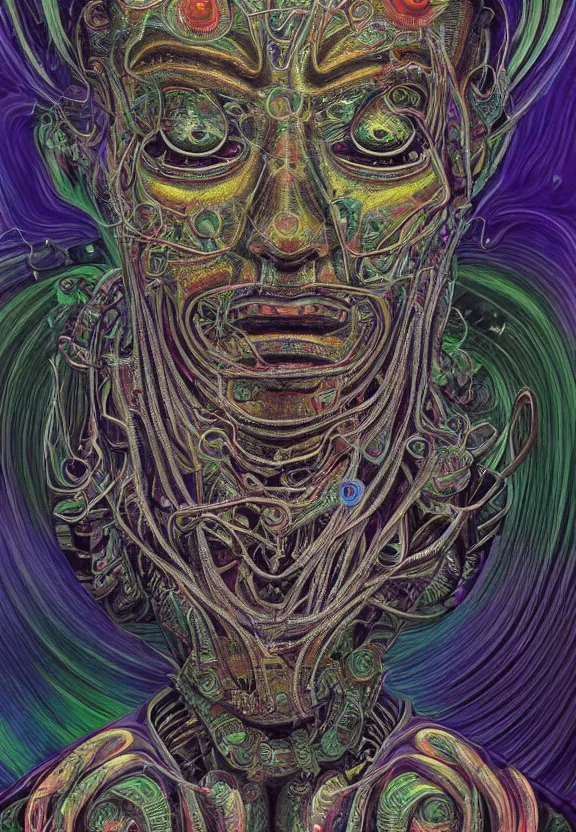 Prompt: perfectly centered portrait, front view of a beautiful biomechanical alien android robot buddha, female, flowing hair, intense stare, sarcastic smile, symmetrical, concept art, intricate detail, psychedelic colors, volumetric shadows and lighting, realistic oil painting by alex grey and h. r giger,