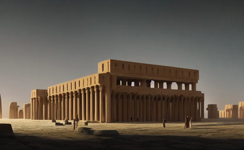 Image similar to exterior shot of utopian ancient persian architecture with cinematic lighting by zaha hadid peter zumthor and renzo piano, darek zabrocki and greg ruthkowski, simon stalenhag, cinematic, holy place, paradise, scifi, futurism, atmospheric, concept art, artstation, trending on artstation