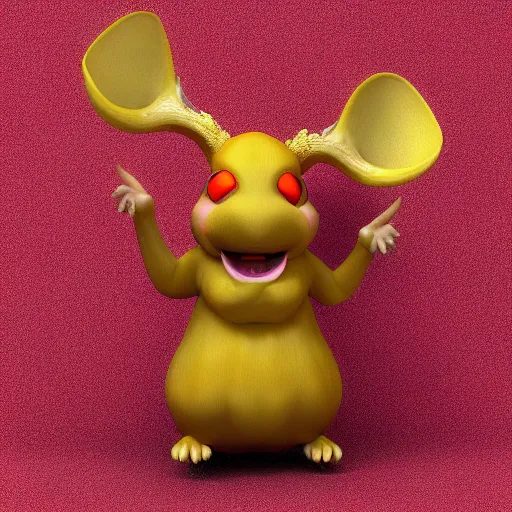 Prompt: 3 d render, ancient antler deity, yellow rat pig, holding a red orchid, laughing, brightly lit room