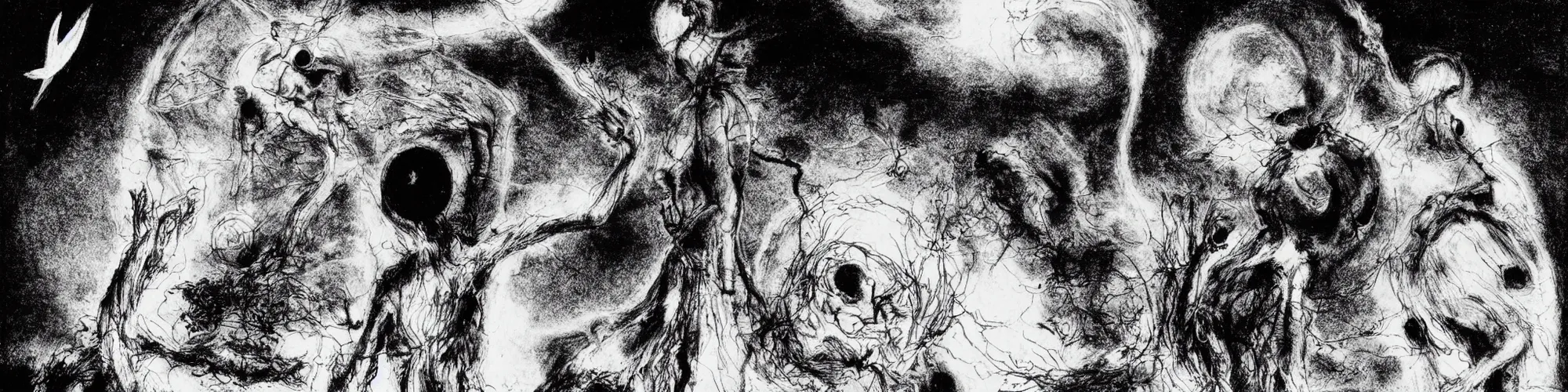 Prompt: dawn of creation ; first atom ; beings of darkness ; ethereal plane. extremely dark image. complete blackness. illustrated by maurice sendak and stephen gammell and junji ito and dr seuss and tsutomu nihei