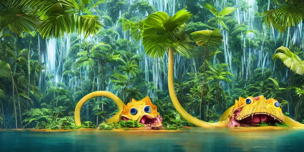 Image similar to of a tropical rainforest lake with strange cute friendly happy creatures with huge eyes, mouth, long tongue, round teeth and goofy face, appearing from the water, in the style of gehry and gaudi, macro lens, shallow depth of field, ultra detailed, digital painting, trending artstation, concept art, illustration, cinematic lighting, photorealism, epic, octane render