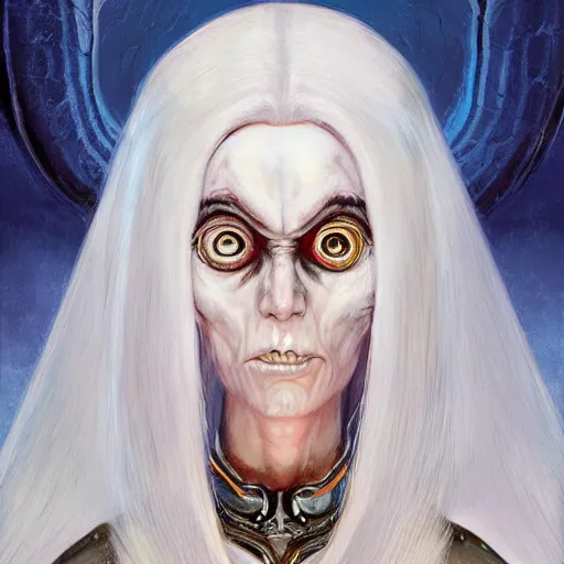 Prompt: portrait of small, rubbery, huge-eyed, big-lipped albino mutant priestess with elaborate white hair; Dune concept art by Anato Finnstark, Margaret Keane, Greg Rutkowski, and Studio Ghibli