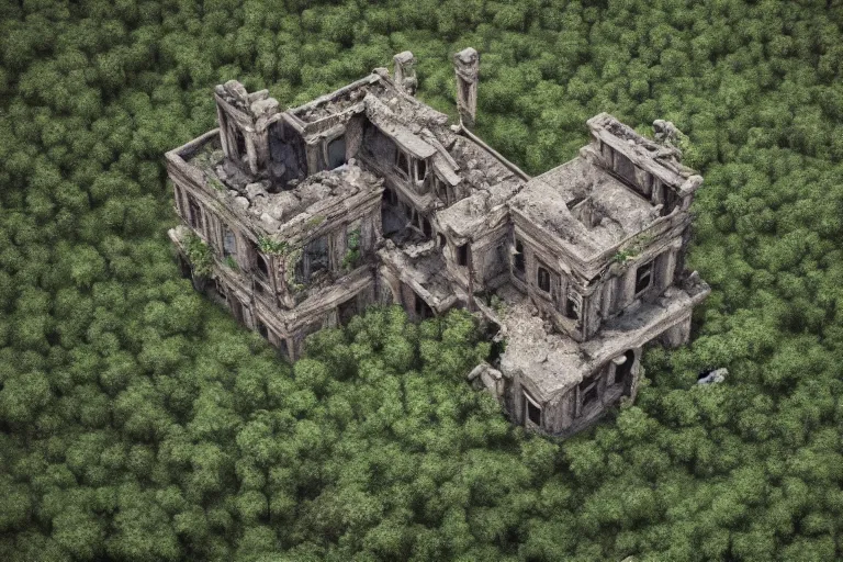 Image similar to aerial photograph of a ruined, abandoned polish mansion, overgrown by plants. Dirt, leaves on ground. Octane render. Substance painter. Zbrush. Trending on artstation. 8K. Highly detailed.