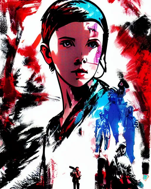 Image similar to Cinematic poster of Millie Bobby Brown by Butcher Billy and Yoji Shinkawa