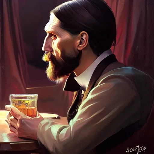 Prompt: photo by davy jones, rasputin face in the bar, highly detailed, digital painting, artstation, smooth, sharp focus, illustration, art by artgerm and greg rutkowski and alphonse mucha