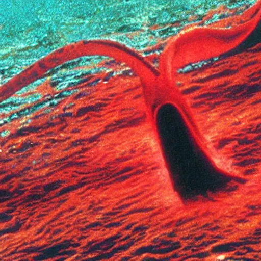Prompt: the filmic anti - christ rising from a red ocean. alien squid appear. ominous. vivid color detailed photograph from a 1 9 9 0 s horror movie.