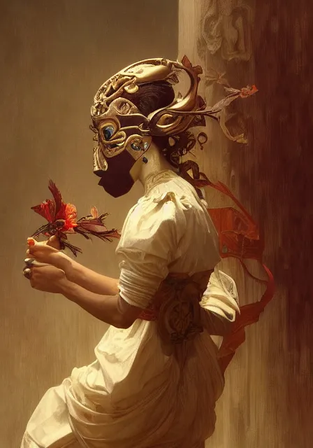 Prompt: happy mask salesman, intricate, elegant, highly detailed, digital painting, artstation, concept art, smooth, sharp focus, illustration, art by artgerm and greg rutkowski and alphonse mucha and william - adolphe bouguereau