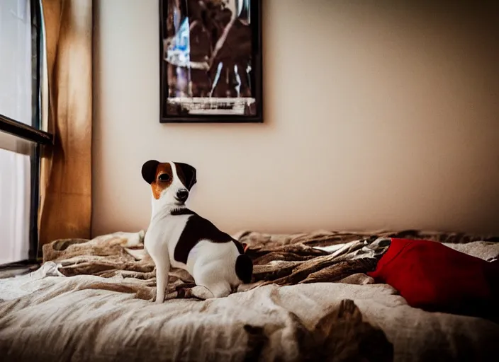 Image similar to photography of a Jack Russel . watching outside the window. on a bed. in a vintage room full of vinyls and posters.,volumetric light, photorealistic,, award winning photo, 100mm, sharp, high res