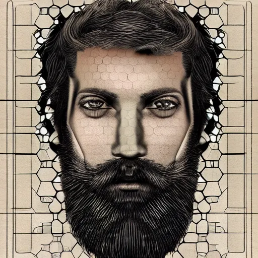 Prompt: man with beard, his irises are hexagons, digital art, highly detailed