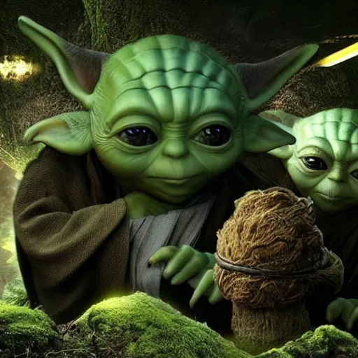 Prompt: stunning awe inspiring photo of various members of yoda's species interacting with eachother and performing strange rituals on their home planet, award winning nature photo 8 k hdr amazing lighting highly detailed, realistic