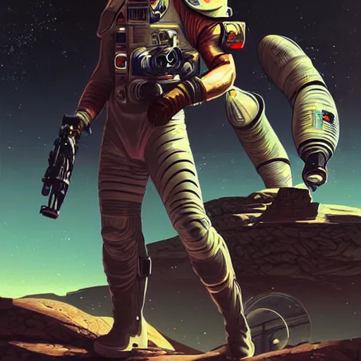 Image similar to a space opera mercenary character in a scenic environment by martin ansin and sabbas apterus