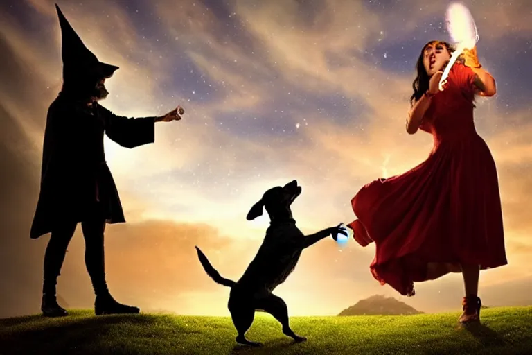 Prompt: dog wizard casting a magic spell on an evil witch, majestic pose, dramatic lighting, cinematic scene