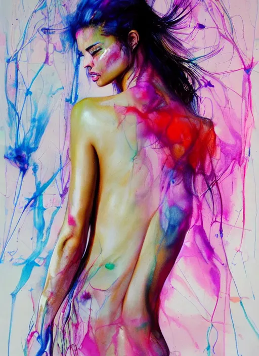 Prompt: sexy gorgeous adriana lima in short by agnes cecile, view from back, bent - over posture, half body portrait, extremely luminous bright design, pastel colours, ink drips, autumn lights