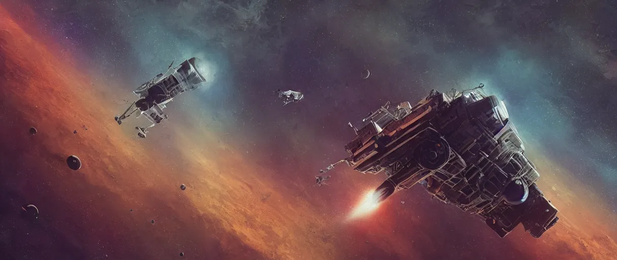 Image similar to tiny spaceship!!, deep space exploration!!!, flying, the expanse tv series, industrial design, the final frontier, illustrative!!, punk, space pirate, painterly, hyperdetailed, hyperrealistic, utilitarian cargo ship, underexposed, cinematic lighting, 4k, wide angle, beksinski