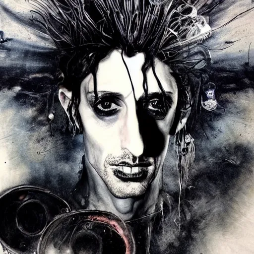 Image similar to stunning portrait of gaunt adrien brody a ( the cure fan ) as dream from sandman, dim stars as eyes, by jeremy mann, by cedric peyravernay, by by russ mills, by richard avedon and ben templesmith, dramatic lightning, sadness, dark eye sockets, in the shadows, punk rock, gothic, high detailed, 8 k