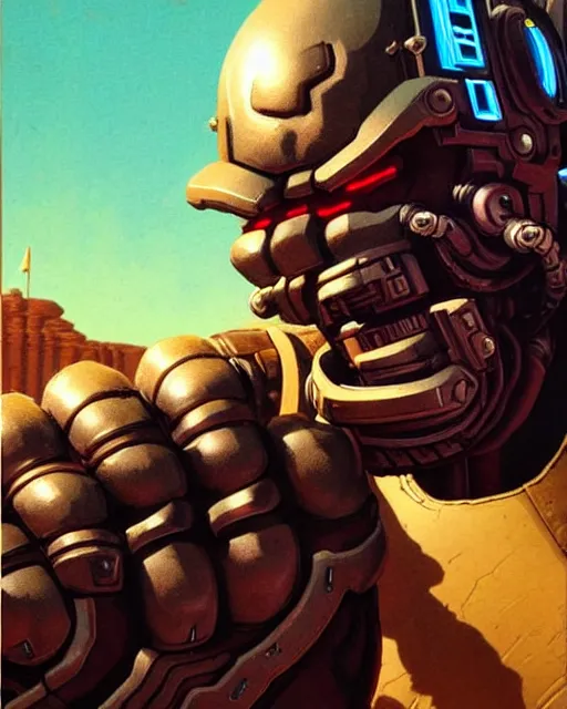 Image similar to doomfist from overwatch, aggressive expression, character portrait, portrait, close up, concept art, intricate details, highly detailed, vintage sci - fi poster, retro future, in the style of chris foss, rodger dean, moebius, michael whelan, and gustave dore