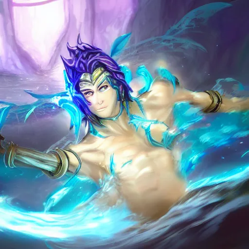 Prompt: fantasy art of childe ( tartaglia ), a water god from genshin impact that controls the power of water sword. digital art, fantasy art, high quality, trending on artstation, league of legends splash art