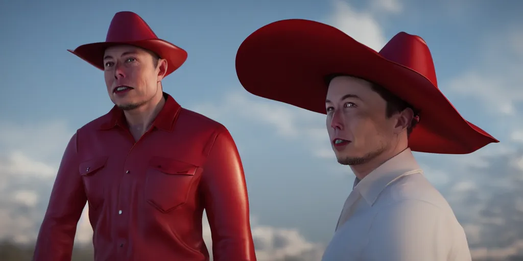 Prompt: 3d render of elon musk wearing a red cowboy hat, octane, 4k