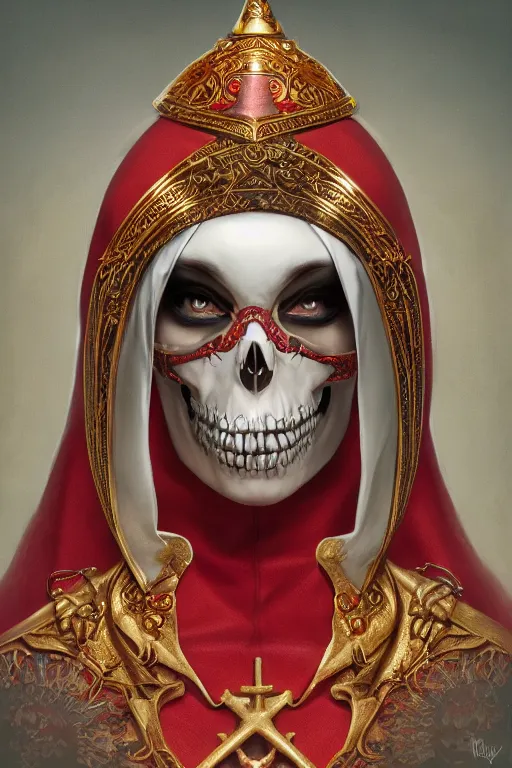 Image similar to ultra realistic illustration, 3 d render of a nun with a skull helmet red and gold accents, gothic, dark, hacknaut, fantasy, intricate, elegant, highly detailed, digital painting, artstation, concept art, smooth, sharp focus, illustration, art by artgerm and greg rutkowski and alphonse mucha