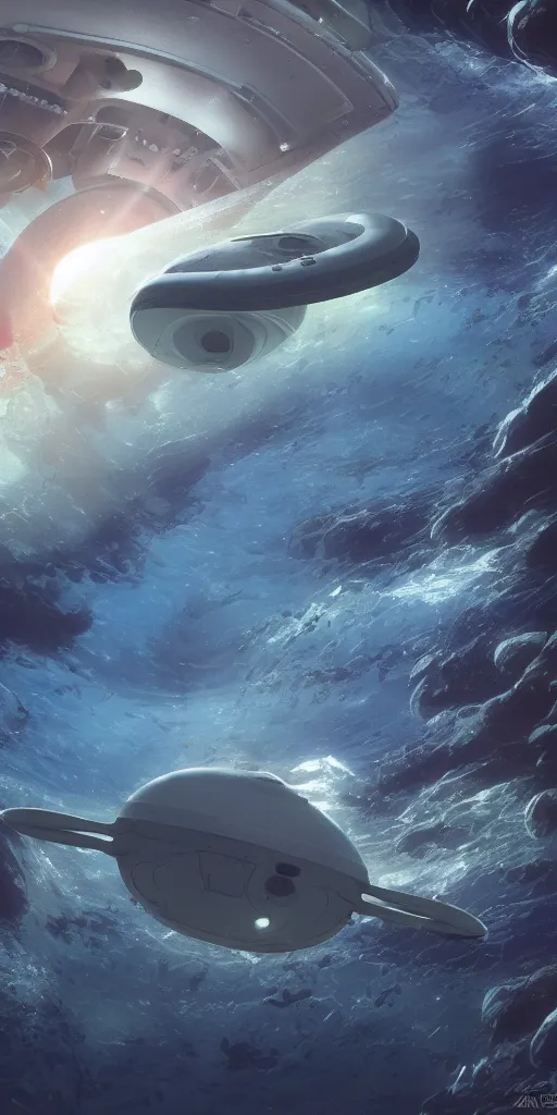 Prompt: white disc - shaped spacecraft submarine, fusion of subnautica and star trek, flying through a spectacular underwater coral canyon, kelp forest, schools of fish, in the style of john eaves ron walotsky ralph mcquarrie, soft natural volumetric lighting, realistic 4 k unreal engine 5 beautifully detailed render, 4 k post processing, trending on artstation