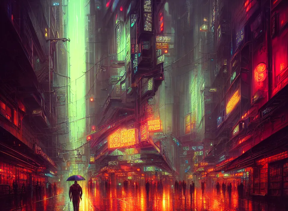 Image similar to rainy night in a cyberpunk city, neon lights, intricate, elegant, highly detailed, centered, digital painting, artstation, concept art, smooth, sharp focus, illustration, artgerm, tomasz alen kopera, peter mohrbacher, donato giancola, joseph christian leyendecker, wlop, boris vallejo