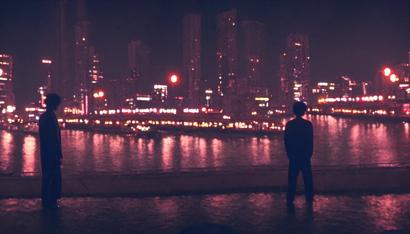 Prompt: 80s asian neon movie still with a lone man by the river at night with city lights behind his back. Fallen angels movie still. hyperrealistic, high definition, medium format photography, highly detailed, tehnicolor, anamorphic 50mm lens