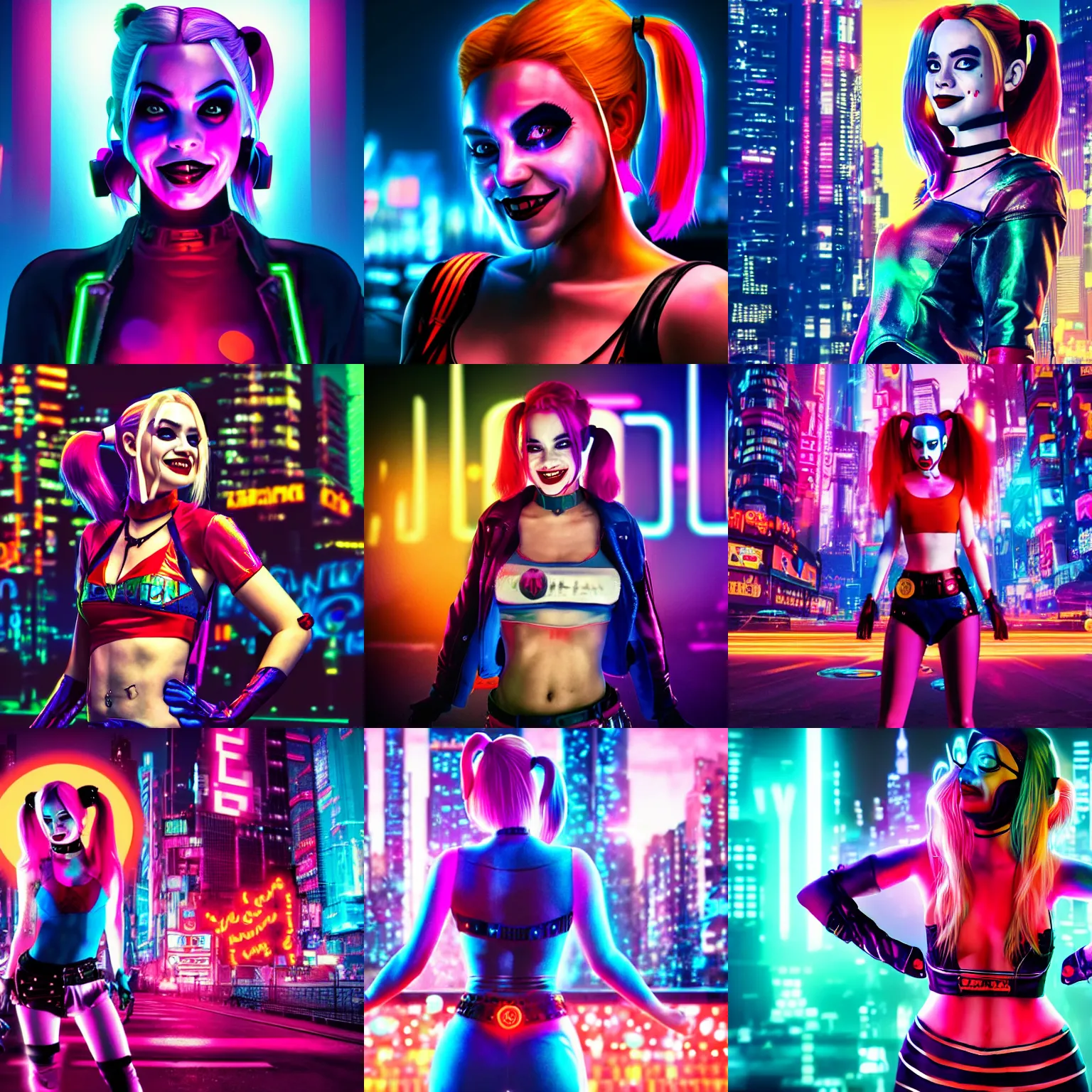 Prompt: harley quinn film still, standing pose, head and shoulder shot, smiling, cyberpunk setting, beautiful cityscape background, neon signs, vibrant colors, holograms, 4k, digital art