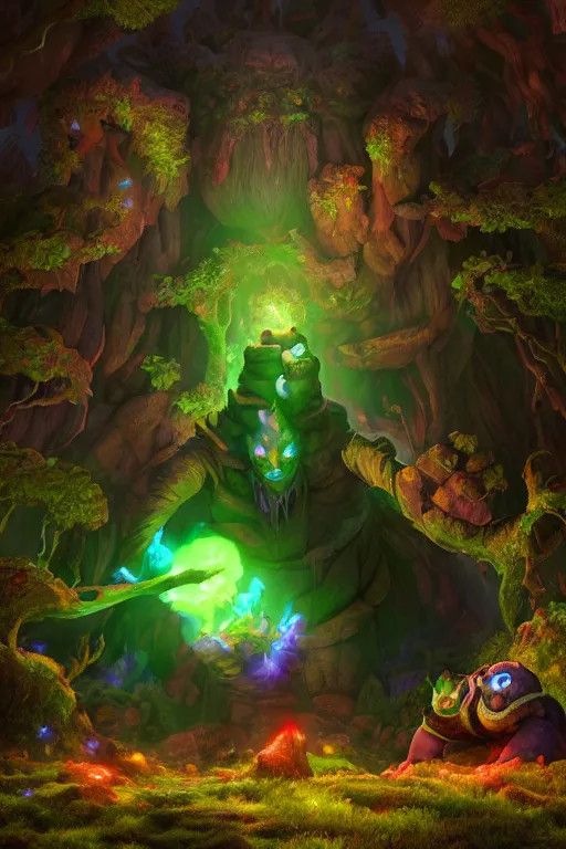 Image similar to arcane fantasy art giant golem elemental wood rock bastion forged gemstone enchanted forest troll, global illumination ray tracing hdr fanart arstation by sung choi and eric pfeiffer and gabriel garza and casper konefal lisa frank zbrush central hardmesh radiating a glowing aura