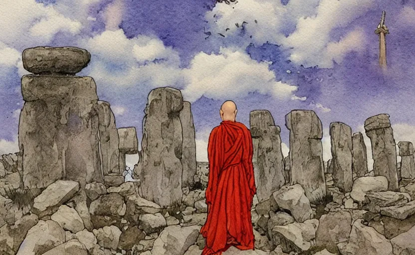 Image similar to a realistic and atmospheric watercolor fantasy concept art of giant monk with a long forehead in grey robes sitting in stonehenge. in the background a ufo is in the sky. by rebecca guay, michael kaluta, charles vess