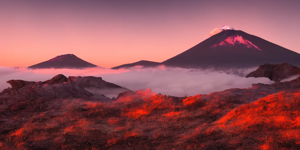 Image similar to landscape, mountains, low fog cover, volumetric lighting, sunrise, volcanoes, dawn, red tint
