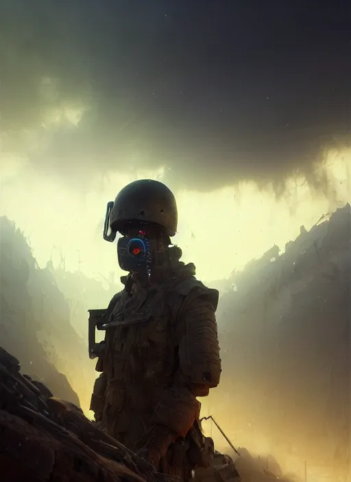 Image similar to closeup realistic portrait of a dystopian soldier in apocalyptic environment, backlit, oil painting, concept art, filip hodas, john howe, mike winkelmann, jessica rossier, andreas rocha, bruce pennington, albert bierstadt, peter mohrbacher, donato giancola, joseph christian leyendecker, wlop, boris vallejo