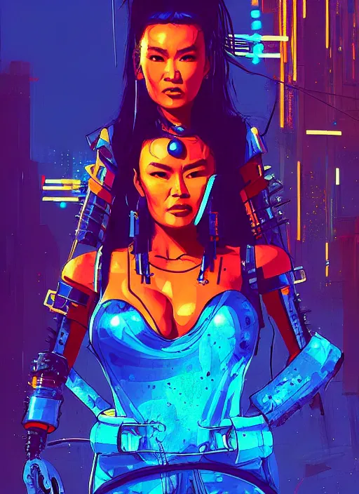 Image similar to tia carrere as cyberpunk samurai, golden and blue hour, by ismail inceoglu