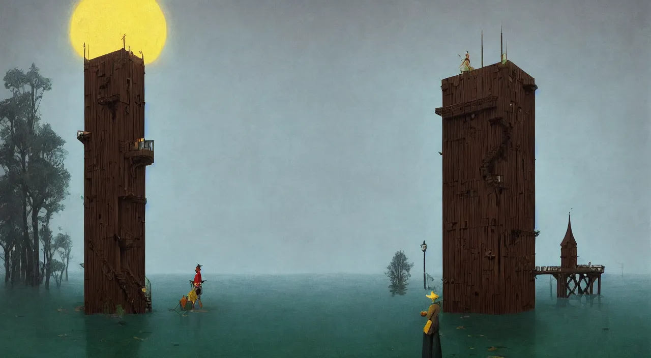 Image similar to single flooded simple fantasy wooden tower, very coherent and colorful high contrast!! masterpiece by rene magritte simon stalenhag carl spitzweg syd mead norman rockwell edward hopper james gilleard, minimalist, dark shadows, sunny day, hard lighting