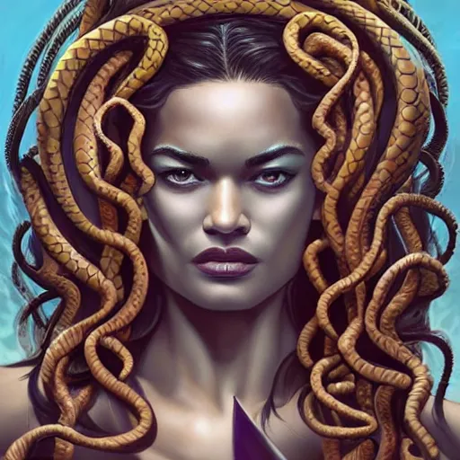 Image similar to Shanina Shaik as Medusa, snakes for hair, highly detailed, digital painting, artstation, concept art, smooth, sharp focus, illustration, art by Chris Achilleos and artgerm, in the style of Medusa (1988) by Chris Achilleos and crooks and castles.