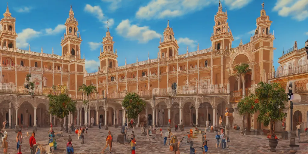 Prompt: ultra detailed and realistic painting of la plaza nueva ( seville ) inspired by very beautiful cute and colored disney movie backgrounds, rendered in 8 k unreal engine