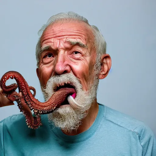 Prompt: National Geographic photo of angry old man with octopus living in his mouth