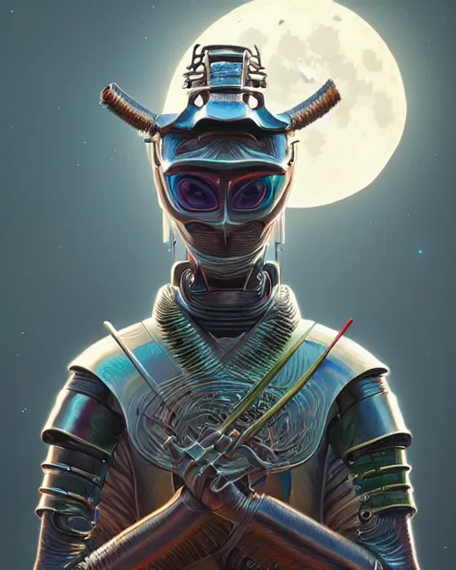 Prompt: highly detailed surreal vfx portrait of a metallic chromatic samurai in front of a full moon, stephen bliss, unreal engine, greg rutkowski, loish, rhads, beeple, makoto shinkai and lois van baarle, ilya kuvshinov, rossdraws, tom bagshaw, alphonse mucha, global illumination, detailed and intricate environment