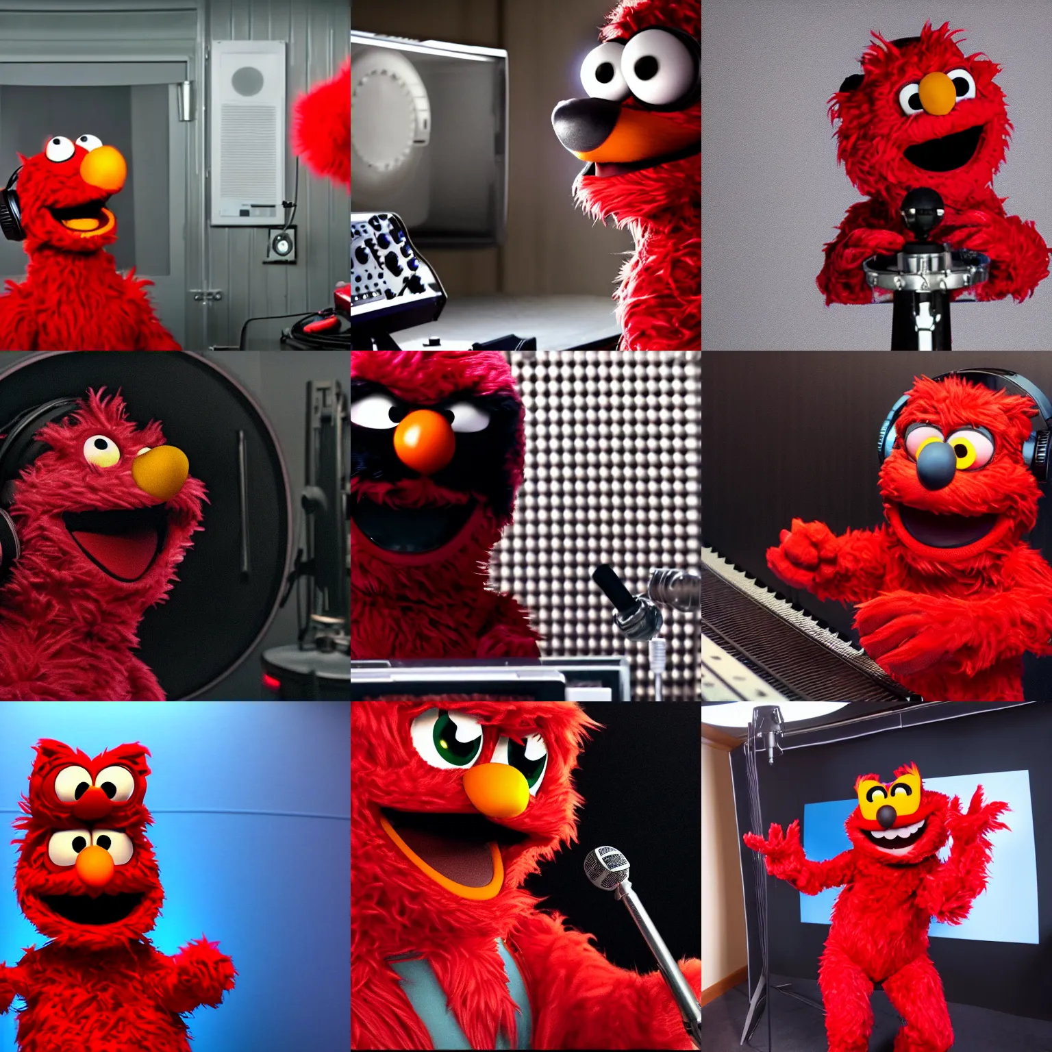 Prompt: an iconic cinematic still frame of a furry elmo rapping in a vocal booth with headphones on, in front of a condenser microphone, masterpiece, trending on artstation, award winning,