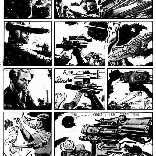 Image similar to space opera gunfight, in the style of wally wood, photorealistic