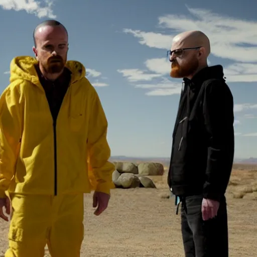 Prompt: walter white exploring the liminal spaces with jesse pinkman, scary style