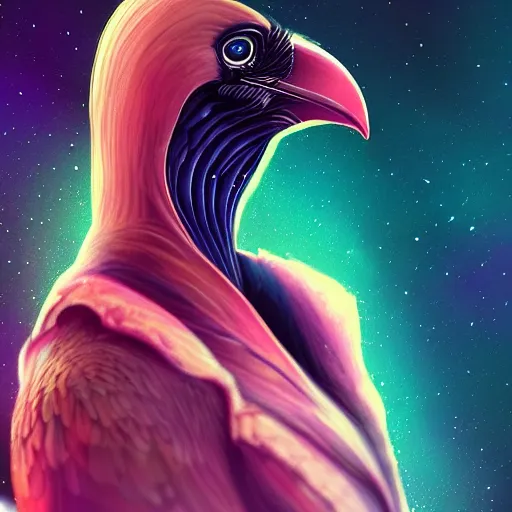 Prompt: portrait from crow alien, feathers, bird, avian, wings, synthwave, universe background, nebula, galaxy, artstation