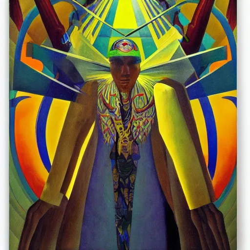 Image similar to the shaman of the subway, an art deco painting by leo and diane dillon and diego rivera, dramatic lighting, god rays, smooth, sharp focus, highly detailed